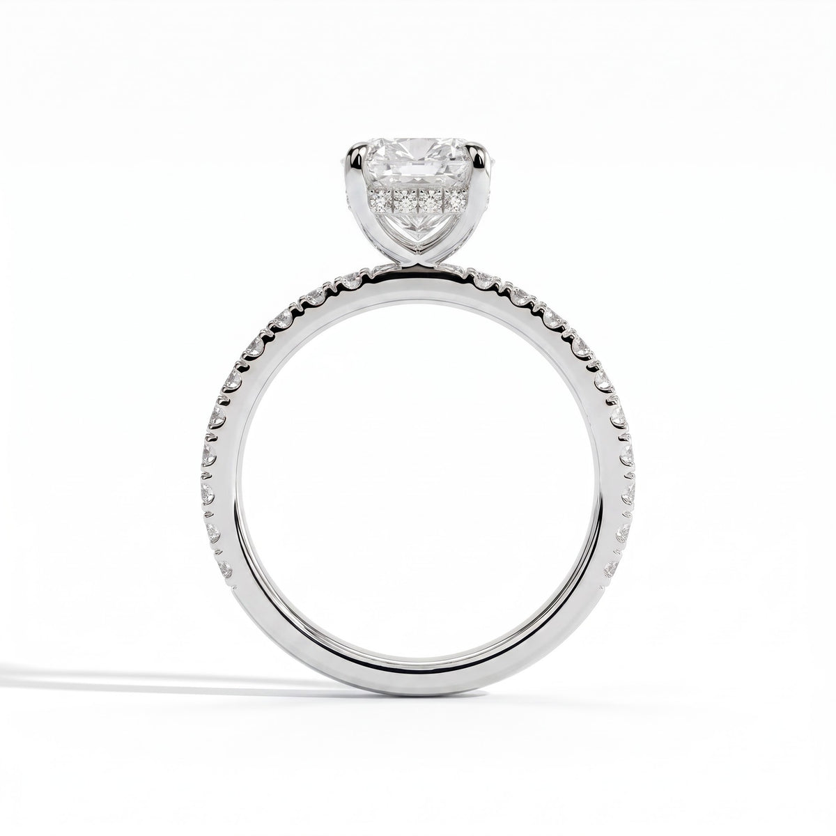 Elongated Cushion lab-grown diamond halo engagement ring in 18K (750) white gold, side profile 