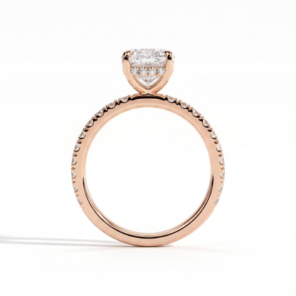 Elongated Cushion lab-grown diamond halo engagement ring in 18K (750) rose gold, side profile 