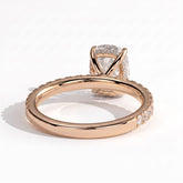 Elongated Cushion lab-grown diamond halo engagement ring in 18K (750) rose gold, on white background 