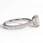 Elongated Cushion lab-grown diamond halo engagement ring in 18K (750) white gold, detail view 