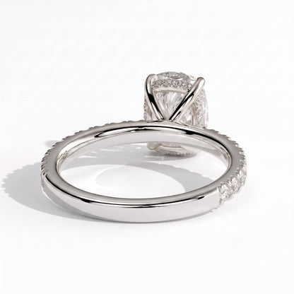 Elongated Cushion lab-grown diamond halo engagement ring in 18K (750) white gold, on white background 