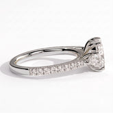 Elongated Cushion lab-grown diamond three-stone engagement ring in 950 platinum, detail view 