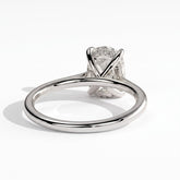 Elongated Cushion lab-grown diamond halo engagement ring in 950 platinum, on white background 