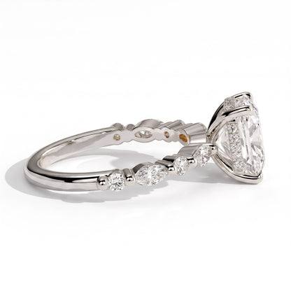 Elongated Cushion lab-grown diamond halo engagement ring in 950 platinum, detail view 