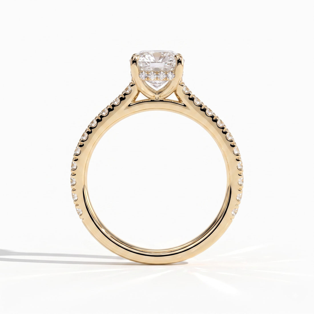 Elongated Cushion lab-grown diamond halo engagement ring in 14K (585) yellow gold, side profile 