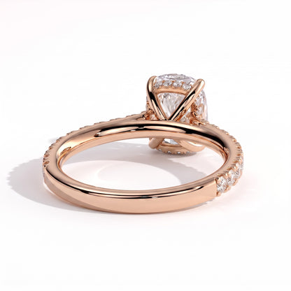 Elongated Cushion lab-grown diamond halo engagement ring in 14K (585) rose gold, on white background 