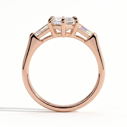 Elongated Hexagon lab-grown diamond three-stone engagement ring in 14K (585) rose gold, side profile 