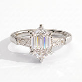 Elongated Hexagon lab-grown diamond three-stone engagement ring in 14K (585) white gold, front view 