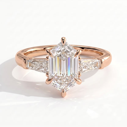 Elongated Hexagon lab-grown diamond three-stone engagement ring in 14K (585) rose gold, front view 