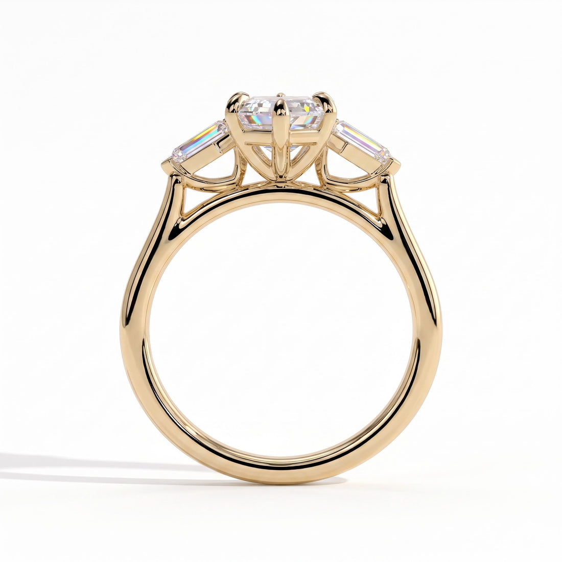 Elongated Hexagon lab-grown diamond three-stone engagement ring in 14K (585) yellow gold, side profile 