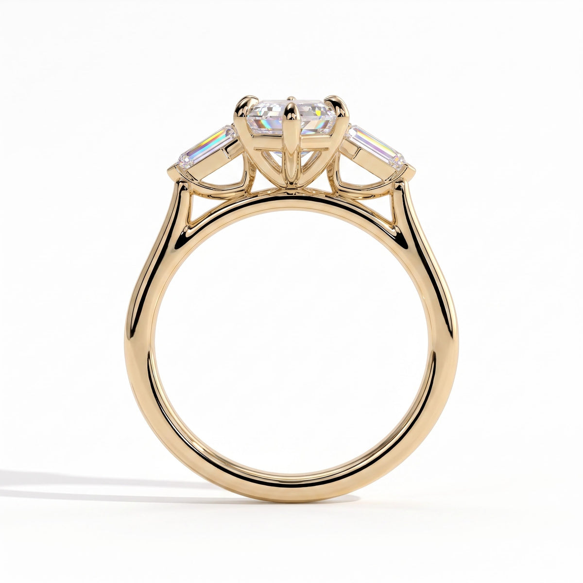 Elongated Hexagon lab-grown diamond three-stone engagement ring in 14K (585) yellow gold, side profile 