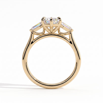 Elongated Hexagon lab-grown diamond three-stone engagement ring in 14K (585) yellow gold, side profile 