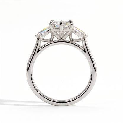 Elongated Hexagon lab-grown diamond three-stone engagement ring in 14K (585) white gold, side profile 