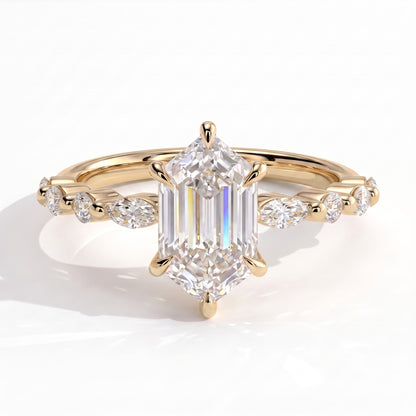 Elongated Hexagon lab-grown diamond halo engagement ring in 14K (585) yellow gold, front view 