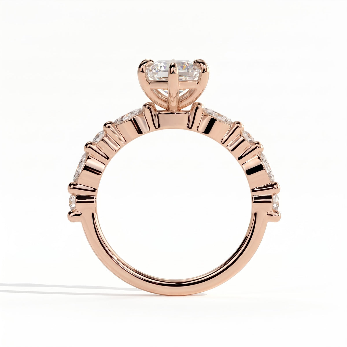 Elongated Hexagon lab-grown diamond halo engagement ring in 14K (585) rose gold, side profile 