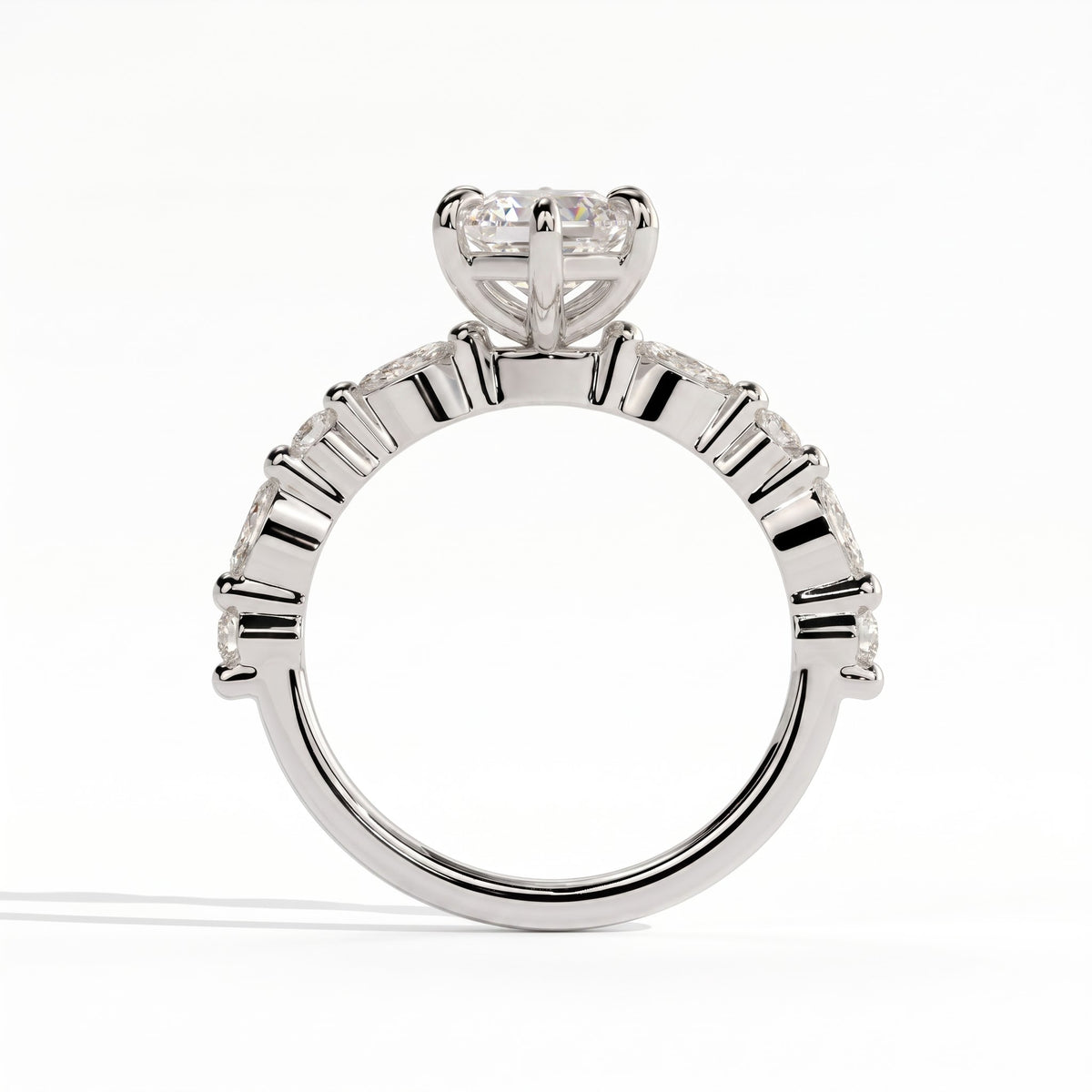 Elongated Hexagon lab-grown diamond halo engagement ring in 14K (585) white gold, side profile 