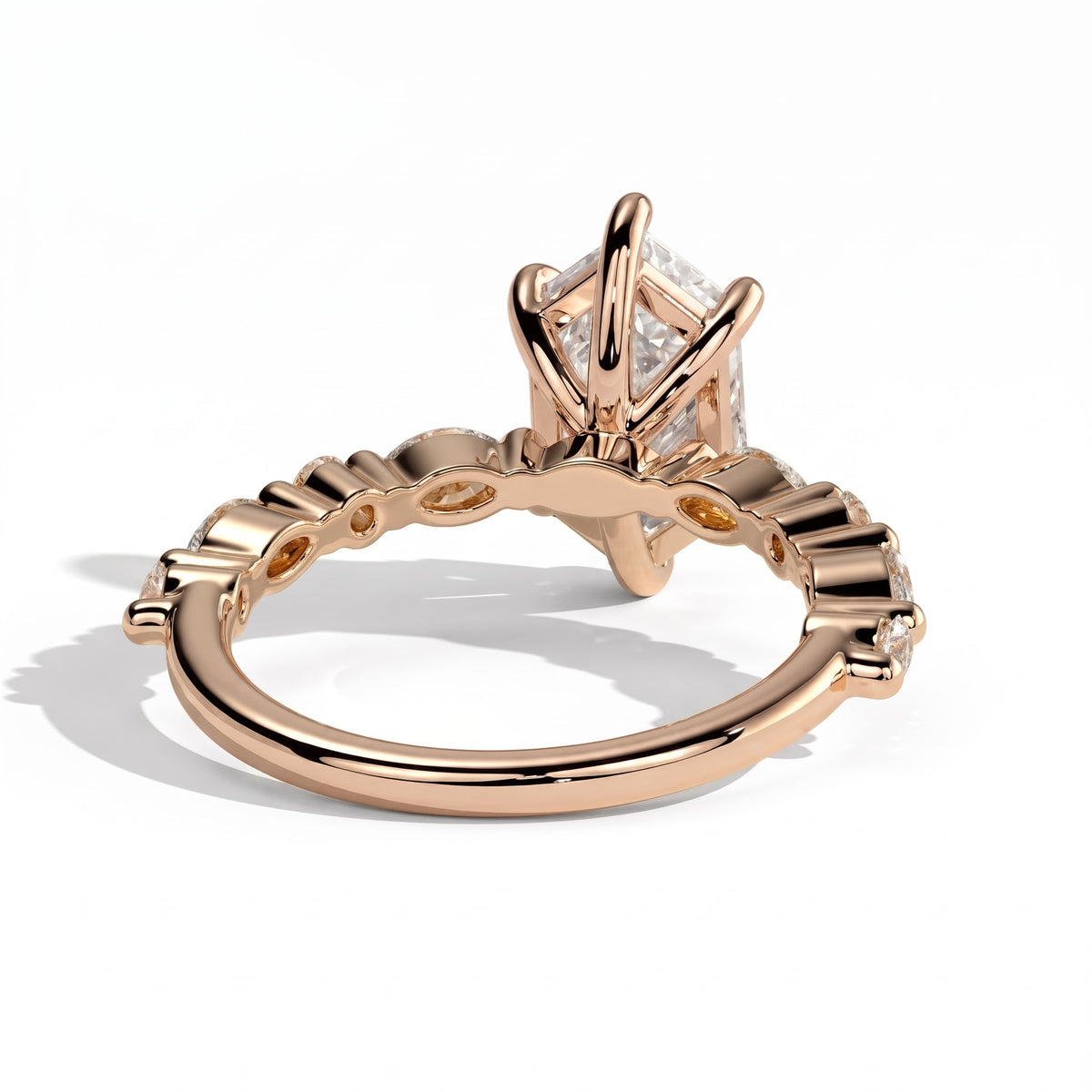 Elongated Hexagon lab-grown diamond halo engagement ring in 14K (585) rose gold, on white background 