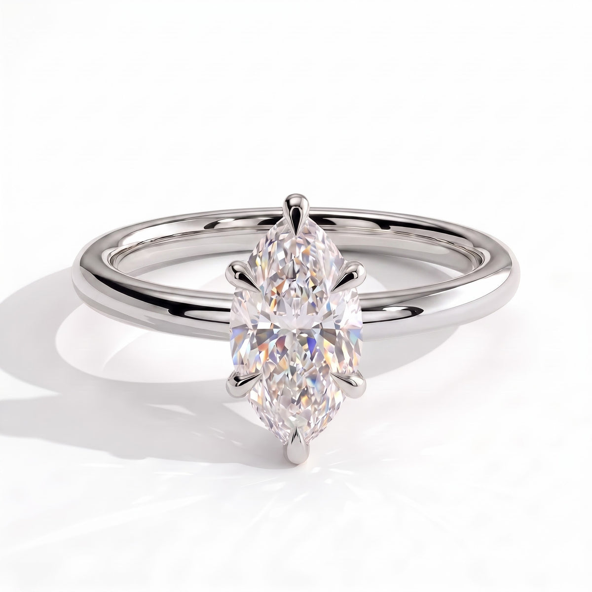 Marquise lab-grown diamond solitaire engagement ring in 14K (585) white gold, front view 