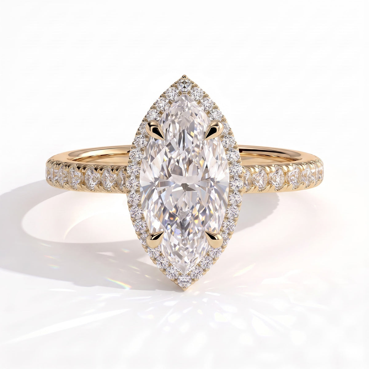 Marquise lab-grown diamond halo engagement ring in 14K (585) yellow gold, front view 