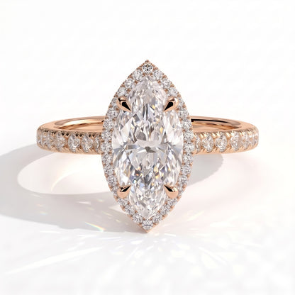 Marquise lab-grown diamond halo engagement ring in 14K (585) rose gold, front view 