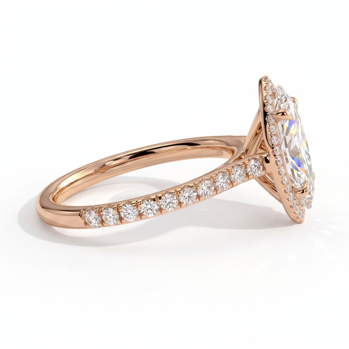 Marquise lab-grown diamond halo engagement ring in 14K (585) rose gold, detail view 