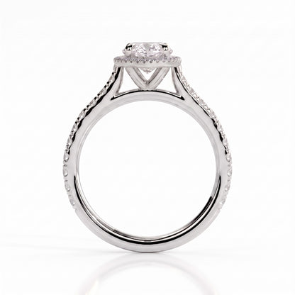 Marquise lab-grown diamond halo engagement ring in 14K (585) white gold, side profile 