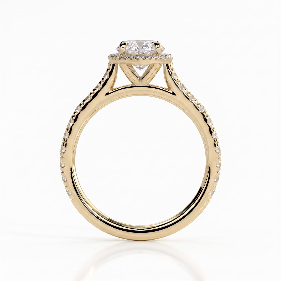 Marquise lab-grown diamond halo engagement ring in 14K (585) yellow gold, side profile 