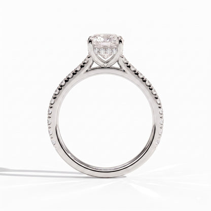 Elongated Cushion lab-grown diamond halo engagement ring in 18K (750) white gold, side profile 