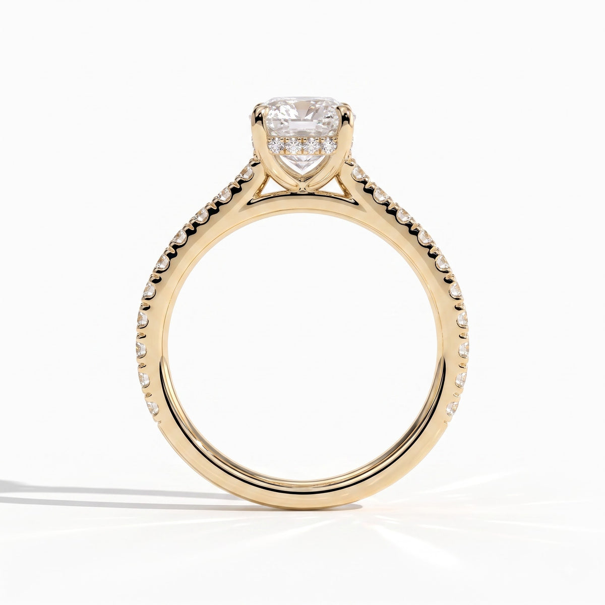 Elongated Cushion lab-grown diamond halo engagement ring in 18K (750) yellow gold, side profile 