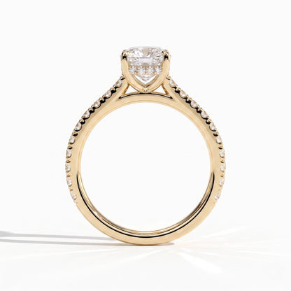 Elongated Cushion lab-grown diamond halo engagement ring in 18K (750) yellow gold, side profile 