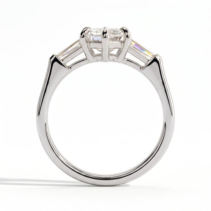 Elongated Hexagon lab-grown diamond three-stone engagement ring in 18K (750) white gold, side profile 