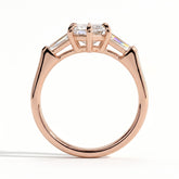 Elongated Hexagon lab-grown diamond three-stone engagement ring in 18K (750) rose gold, side profile 