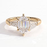 Elongated Hexagon lab-grown diamond three-stone engagement ring in 18K (750) yellow gold, front view 