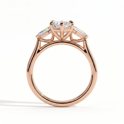 Elongated Hexagon lab-grown diamond three-stone engagement ring in 18K (750) rose gold, side profile 