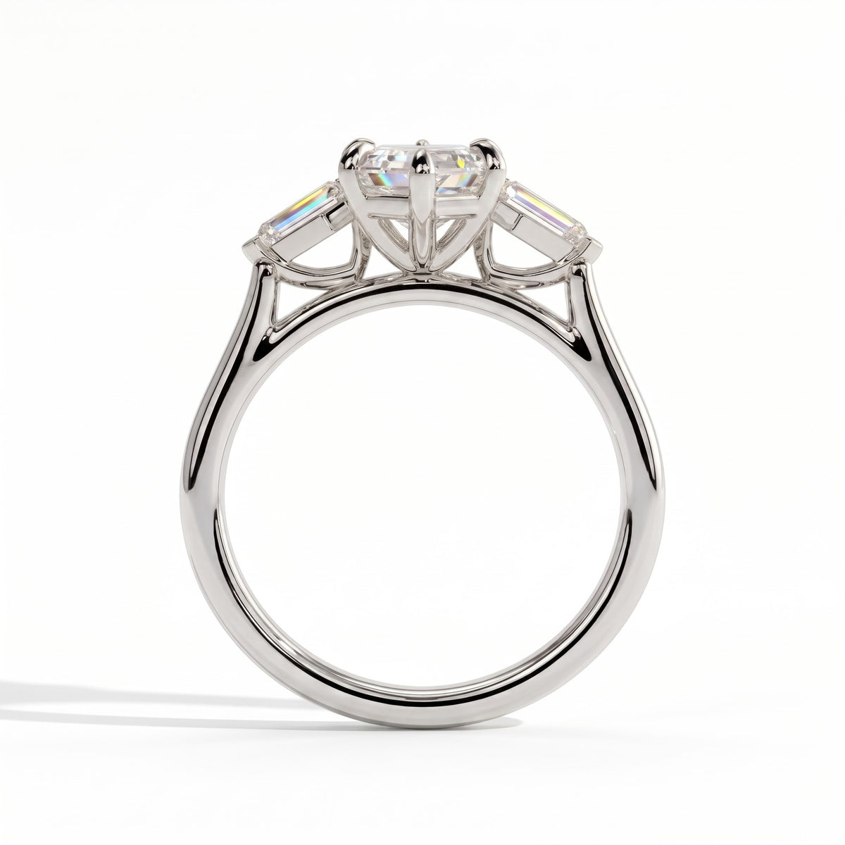 Elongated Hexagon lab-grown diamond three-stone engagement ring in 18K (750) white gold, side profile 
