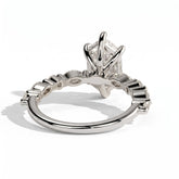 Elongated Hexagon lab-grown diamond halo engagement ring in 18K (750) white gold, on white background 