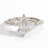 Elongated Hexagon lab-grown diamond halo engagement ring in 18K (750) white gold, front view 