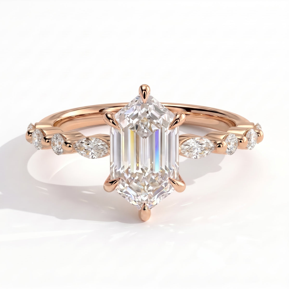 Elongated Hexagon lab-grown diamond halo engagement ring in 18K (750) rose gold, front view 