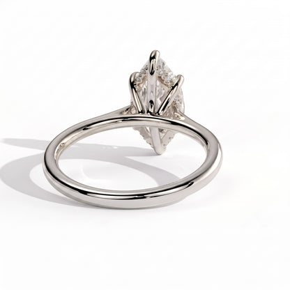 Marquise lab-grown diamond halo engagement ring in 18K (750) white gold, on white background 