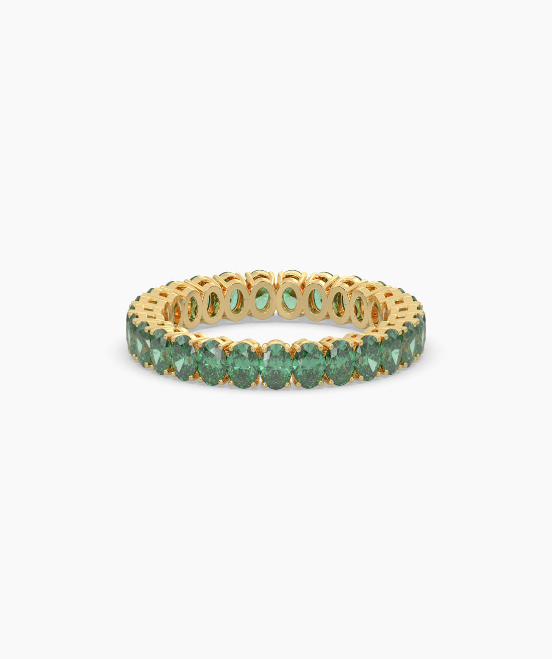 Helene round green gemstone eternity ring in 585 yellow gold, front view 