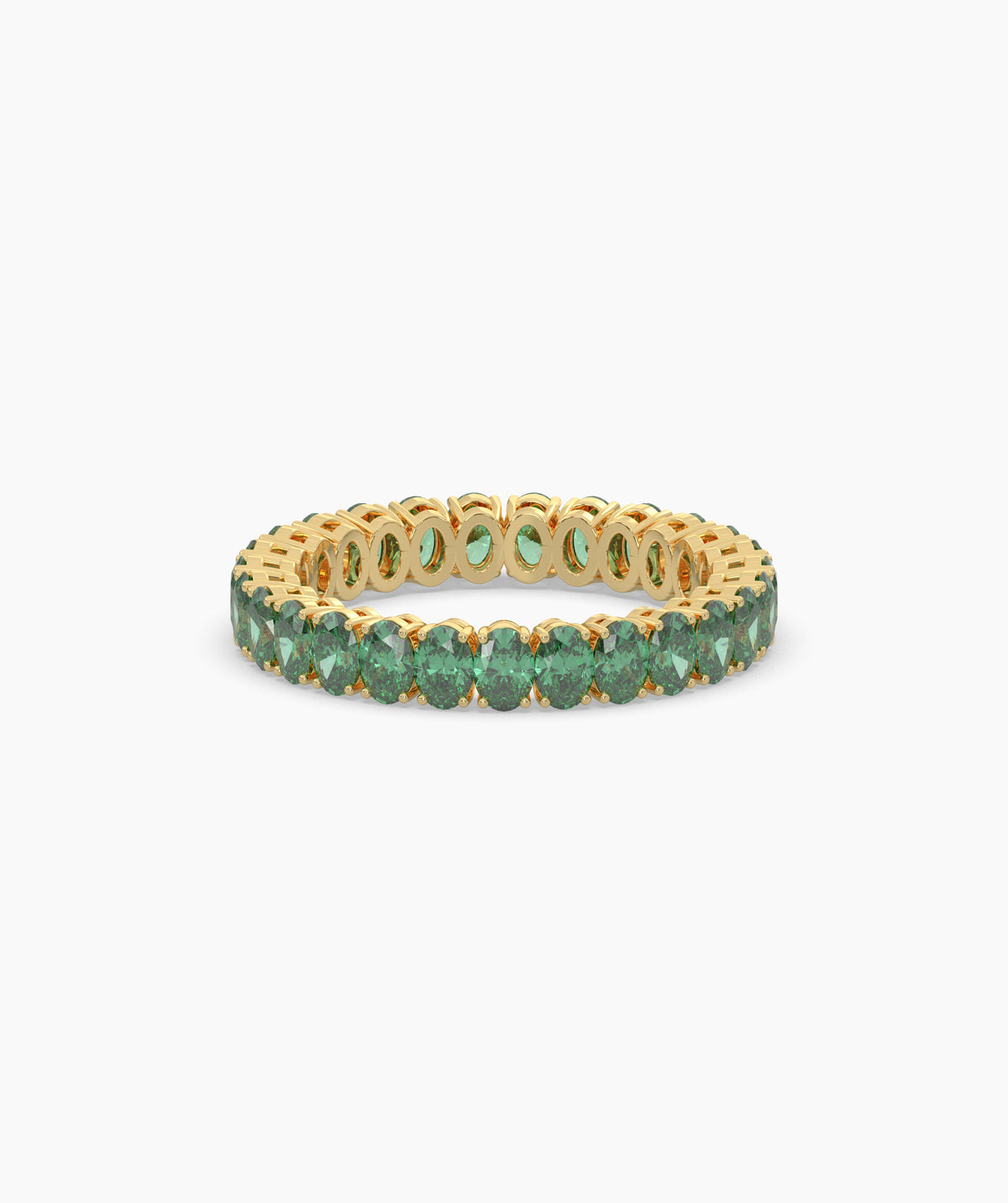 Helene round green gemstone eternity ring in 585 yellow gold, front view 