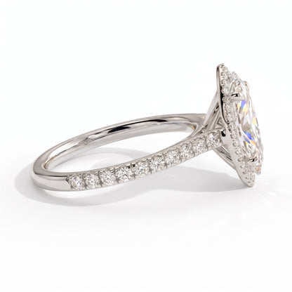 Marquise lab-grown diamond halo engagement ring in 18K (750) white gold, detail view 