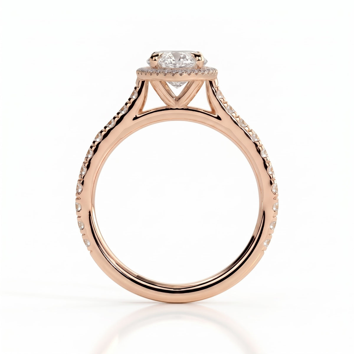 Marquise lab-grown diamond halo engagement ring in 18K (750) rose gold, side profile 