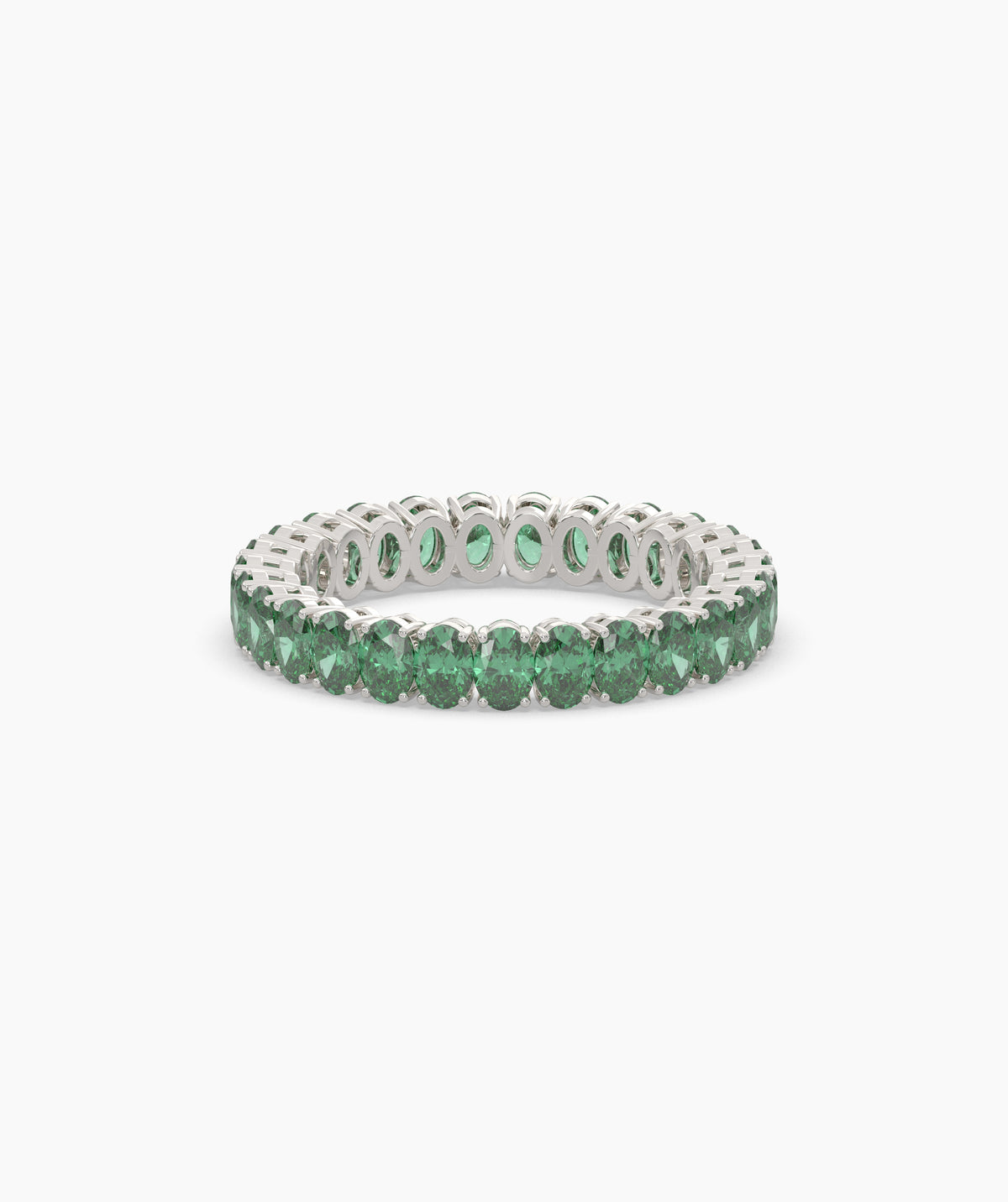 Helene round green gemstone eternity ring in 585 white gold, front view 
