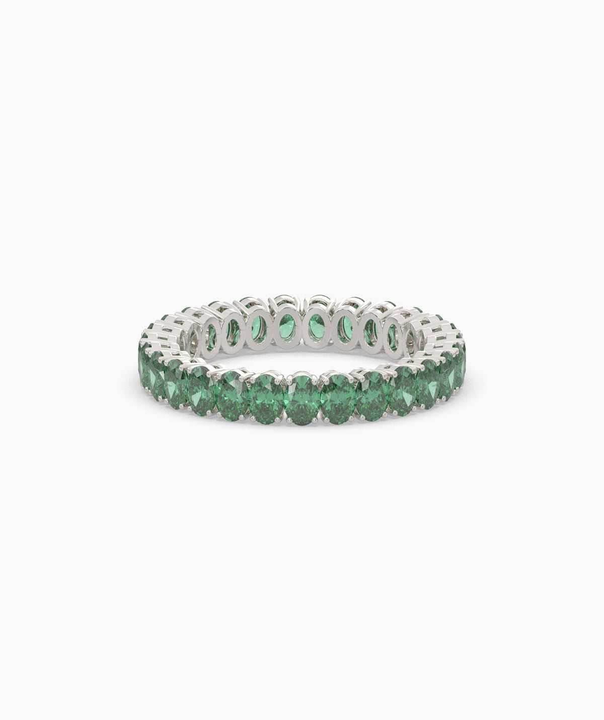Helene round green gemstone eternity ring in 750 white gold, front view 