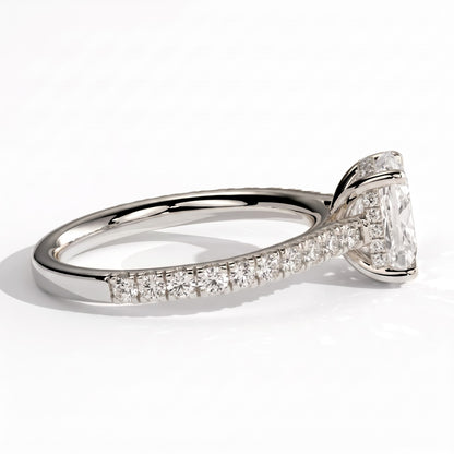 Elongated Cushion lab-grown diamond halo engagement ring in 950 platinum, detail view 