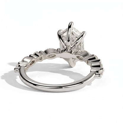 Elongated Hexagon lab-grown diamond halo engagement ring in 950 platinum, on white background 