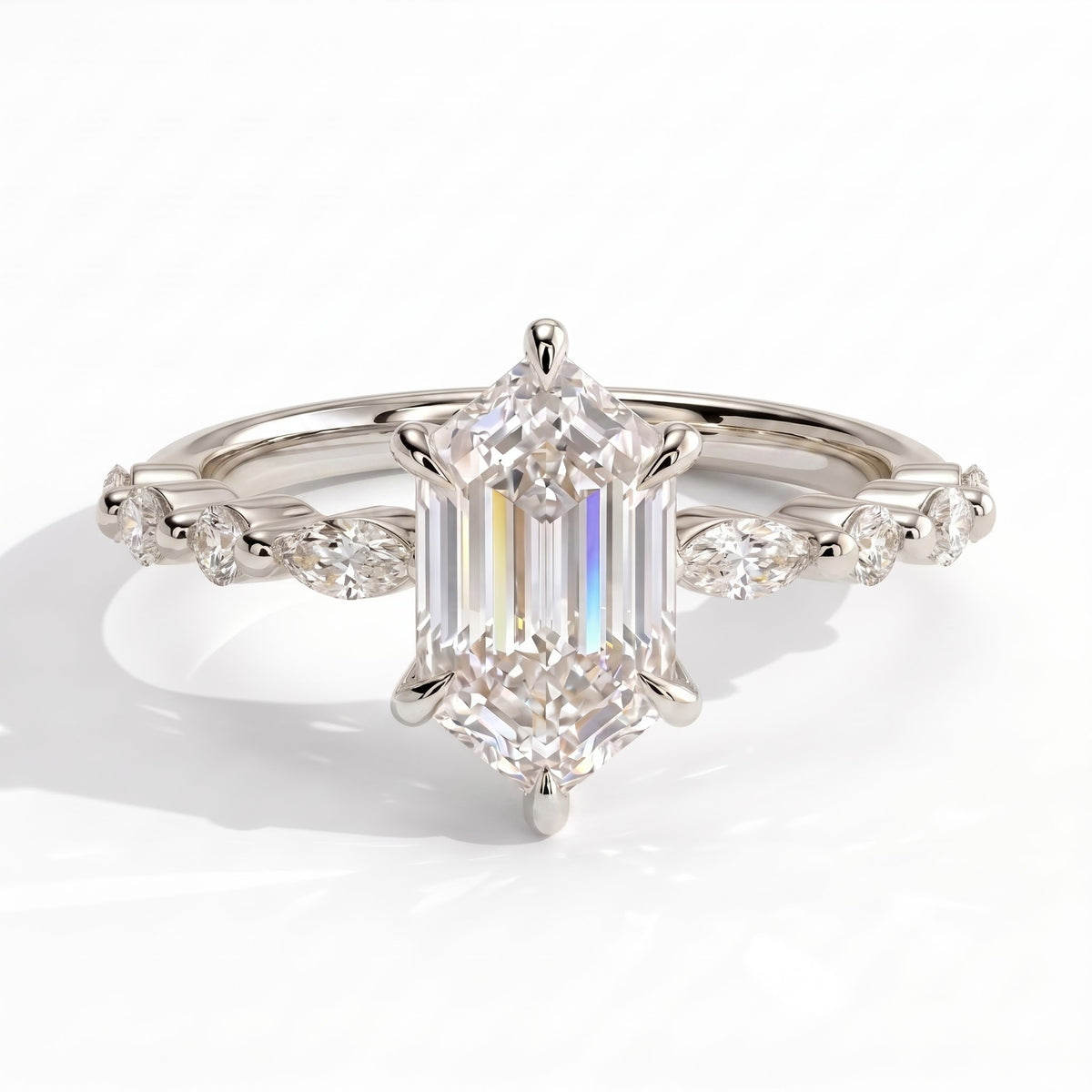 Elongated Hexagon lab-grown diamond halo engagement ring in 950 platinum, front view 