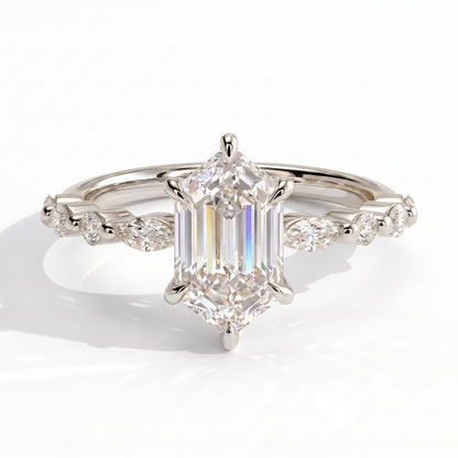 Elongated Hexagon lab-grown diamond halo engagement ring in 950 platinum, front view 