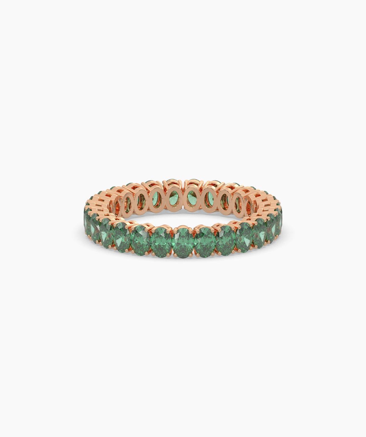 Helene round green gemstone eternity ring in 750 rose gold, front view 